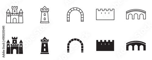 Set of black medieval castle icons in line art and solid glyph styles showing a fortress, tower, arch, wall, and bridge for graphic design elements