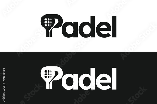 Padel logo, padel typeface text logo, padel racket and ball logo design vector