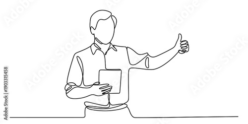 Continuous line drawing of a businessman holding a tablet and giving a thumbs up gesture Vector, illustration