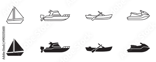 Collection of black water transport icons featuring a sailboat, motorboat, rowboat, and jet ski in simple minimalist outline and solid silhouette graphic styles