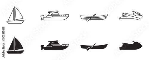 Collection of eight boat and watercraft icons, including a sailboat, motorboat, rowboat, and jet ski, depicted in both minimalist outline and solid black silhouette styles