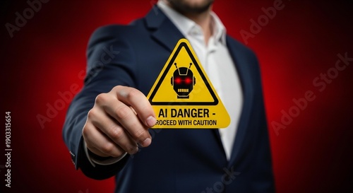 A businessman holds up a striking yellow triangular warning sign indicating 