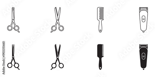 Set of black barber and hairdresser icons featuring scissors, thinning shears, a comb, and an electric clipper, presented in both minimalist outline and solid silhouette graphic styles
