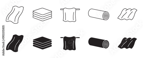 Towel icon set with various folded, hanging, rolled, and crumpled textile symbols in both line art and solid glyph styles for bathroom and hygiene concepts