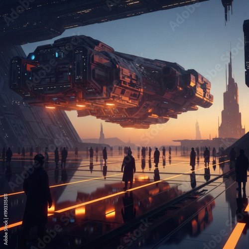 Futuristic spaceport with a large transport ship hovering over a crowd