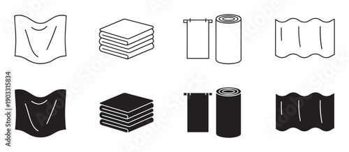 Set of textile and fabric icons showing a folded stack, hanging towel, and rolled cloth, illustrated in minimalist black line art and solid glyph versions