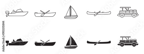 Set of various boat vector icons including a motorboat, rowboat, sailboat, canoe, and pontoon boat, shown in both outline and solid silhouette styles
