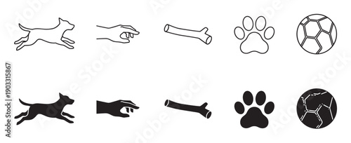 Set of black pet icons showing a running dog, hand, stick, paw print, and ball in both outline and solid silhouette styles for graphic design elements