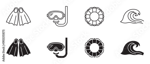Collection of swimming and diving icons featuring flippers, a snorkel mask, a lifebuoy, and a wave, presented in both black outline and solid glyph pictogram styles
