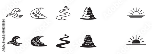 Set of minimalist black nature icons showing a wave, beach, river, rock cairn, and sunrise in both outline and solid fill styles for graphic design