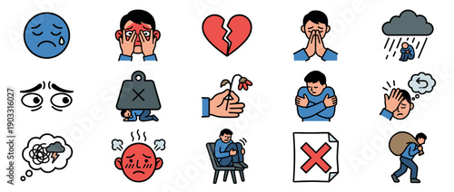 Collection of colorful line art icons depicting negative emotions, mental health issues, stress, sadness, and anxiety, showing concepts like heartbreak, failure, and burden