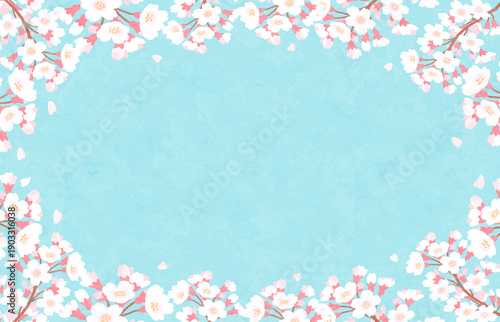 桜の花と水色背景のフレーム　春　水彩