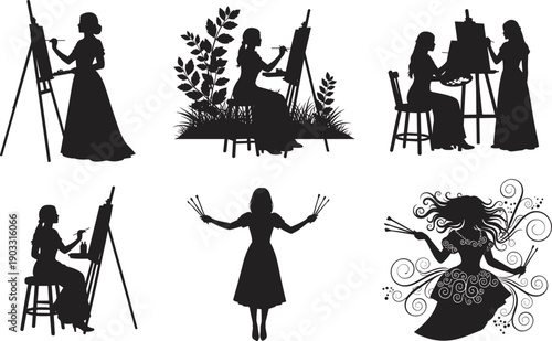Black silhouettes of female artists painting on easels and holding brushes isolated on white background for fine art creativity education and professional hobbyist concepts
