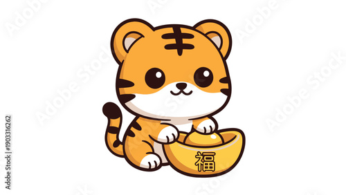 Cute cartoon tiger holding traditional gold ingot (yuanbao) with 'Fu' character, symbolizing Chinese New Year, fortune and prosperity