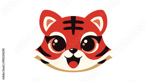 Adorable red tiger head mascot, flat vector illustration. Cute cartoon animal face for Chinese New Year