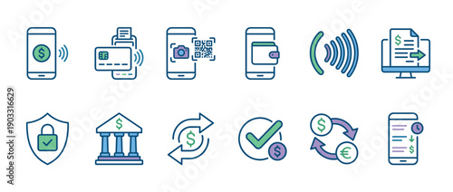 Set of digital payment and finance icons for mobile banking, contactless transaction, currency exchange, and online security in a modern flat line art style illustration