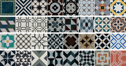Vintage Geometric Tile Pattern Set, Mediterranean & Moroccan Ceramic Square Designs