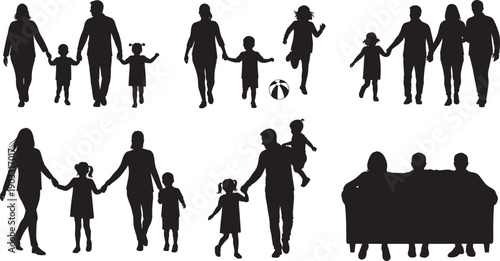 Family silhouette vector, parents and children, playful interaction, bonding moments, black illustration, outdoor activity, minimalist design, childhood joy, parenting concept