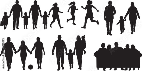 Family silhouette vector, parents and children, playful interaction, bonding moments, black illustration, outdoor activity, minimalist design, childhood joy, parenting concept