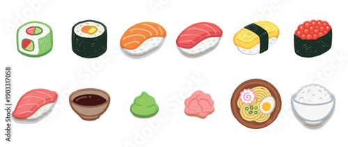 Collection of illustrated Japanese food icons featuring sushi, ramen, nigiri, maki rolls, wasabi, and soy sauce in a cute, hand-drawn cartoon style for menu design