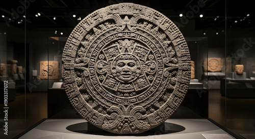 アステカ文明の象徴である円形の石彫レリーフ「太陽の石」が歴史教育や観光の展示品として博物館の暗い室内のライティングの下で神秘的に佇んでいる