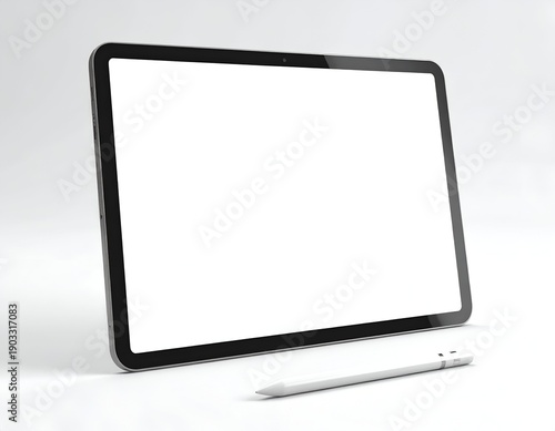 Angled tablet with blank screen and matching stylus on a plain white background