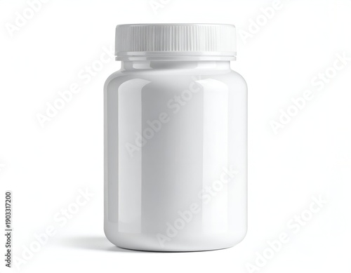 Glossy white plastic supplement bottle with ribbed cap and body against a white backdrop