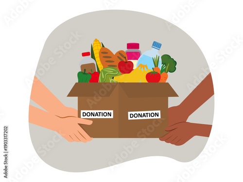holding food donation box grocery products needy people