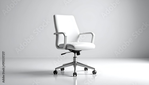 Isolated, pristine white office chair with metal arms, wheels, and a white backdrop