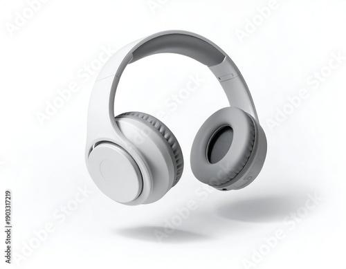 White and gray over-ear headphones, isolated and floating against a clean white backdrop