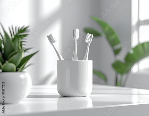 Three white toothbrushes in a white holder, with plants and natural light