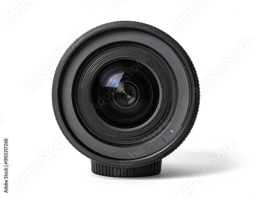 Close-up of a camera lens with multiple optical elements, circular, black, and isolated