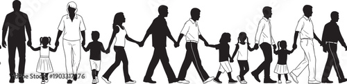 Family silhouettes walking, adult and child pairs, hand in hand, black vector figures, companionship, parenting, guidance, motion, diversity, isolated background