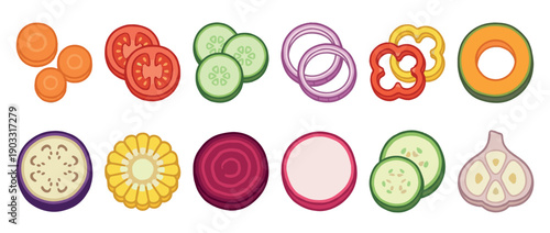 Collection of sliced vegetable icons including carrot, tomato, cucumber, onion, and bell pepper for cooking and salad ingredients, presented in a clean, flat vector illustration style
