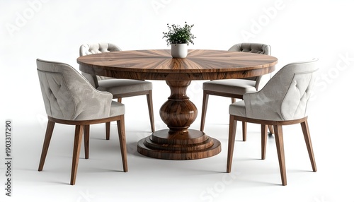 Elegant dining set with round, patterned wood table, four chairs, and potted greenery