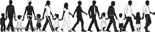 Family silhouettes walking, adult and child pairs, hand in hand, black vector figures, companionship, parenting, guidance, motion, diversity, isolated background