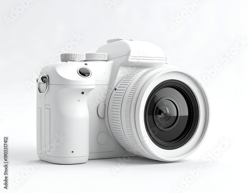 Sleek, all-white digital camera isolated on a white background, highlighting its design