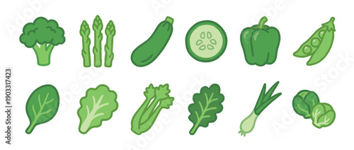 Set of various green vegetable cartoon icons featuring broccoli, asparagus, peas, and leafy greens, presented in a cute and simple flat illustration style with bold outlines