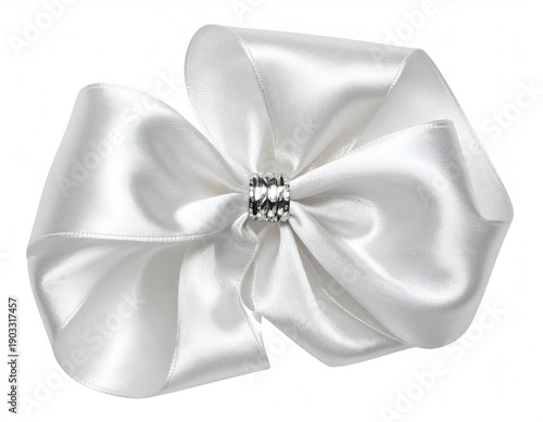 Glossy white satin bow, detailed with a sparkling diamond-like centerpiece, isolated on white