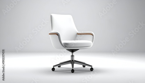 Sleek, modern white office chair with armrests, swivel base, and small wheels