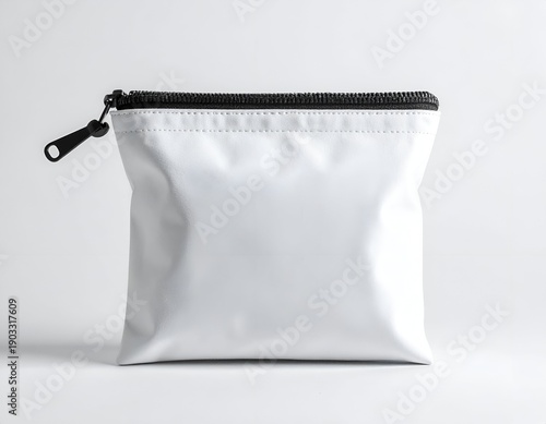 A square white pouch with a black zipper and pull on a plain background