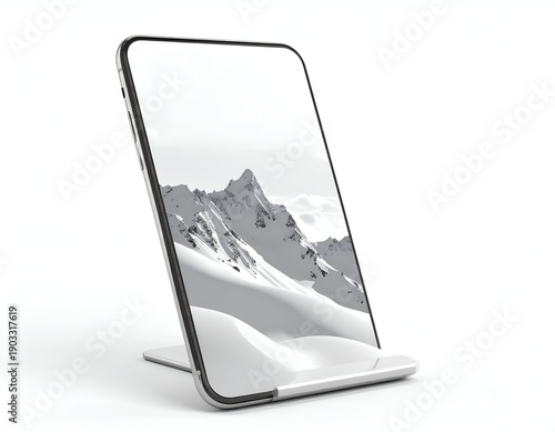 Sleek smartphone in silver stand showing grayscale mountain landscape, studio lighting