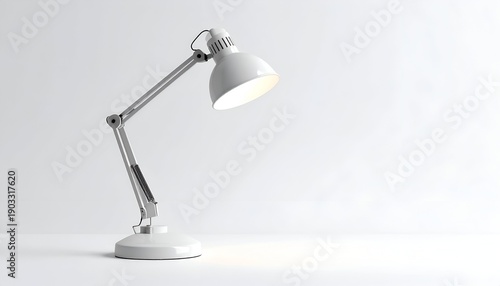 Modern white articulated desk lamp illuminated against a blank white backdrop