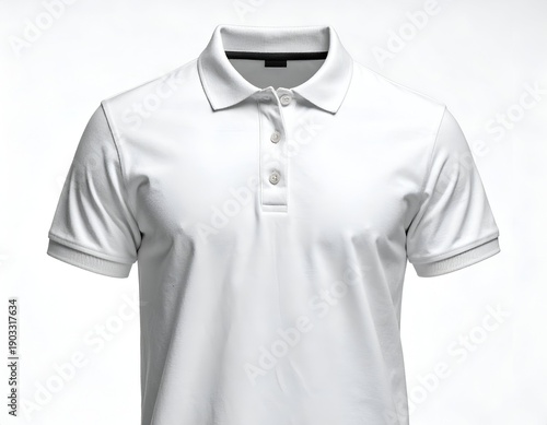 Front view of a white polo shirt on a mannequin, showcasing collar and short sleeves