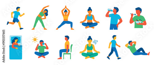 Collection of colorful flat vector illustrations showing people in healthy lifestyle routines like yoga, running, eating, sleeping, and meditating for wellness and self-care concepts