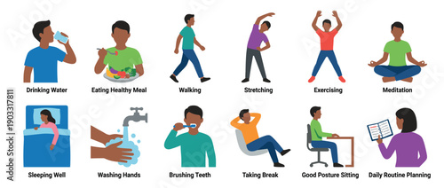 Healthy habits and daily routine icon set showing people drinking water, eating, exercising, meditating, sleeping, and practicing good hygiene for a balanced lifestyle