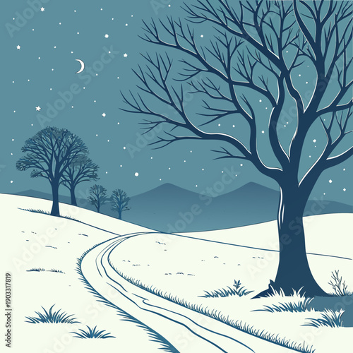 Minimalist vector illustration of a stark arctic night landscape with subtle glowing elements and a sense of vastness.