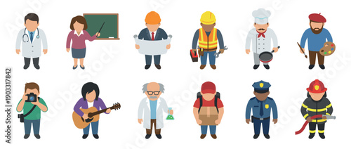 Diverse collection of twelve professional character icons representing various careers like doctor, teacher, engineer, and firefighter in a flat cartoon illustration style
