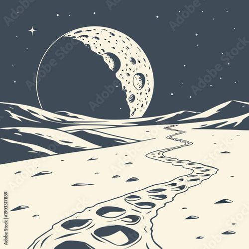 Minimalist vector art of a moonlit landscape, suggesting a serene journey through a calm, ethereal night.