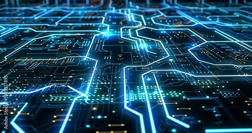 Blue Glowing Digital Circuit Board Abstract Concept for Data Processing and Advanced Technology